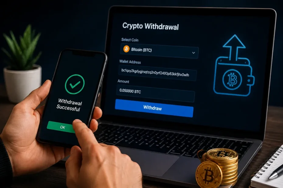 LessInvest.com crypto withdrawal on laptop and smartphone.